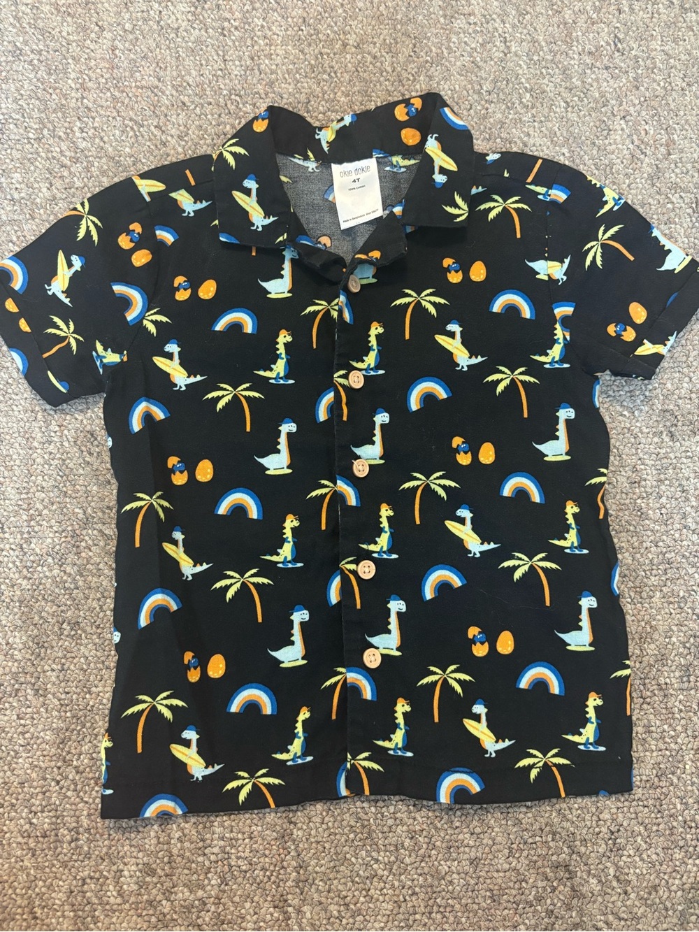 okie dokie Black Short-Sleeve Dino & Palm Button-Down Shirt
